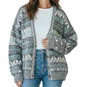 Women’s Vintage 90s Grandpa Sweater Cardigan Oversized Geometric Button Down XL